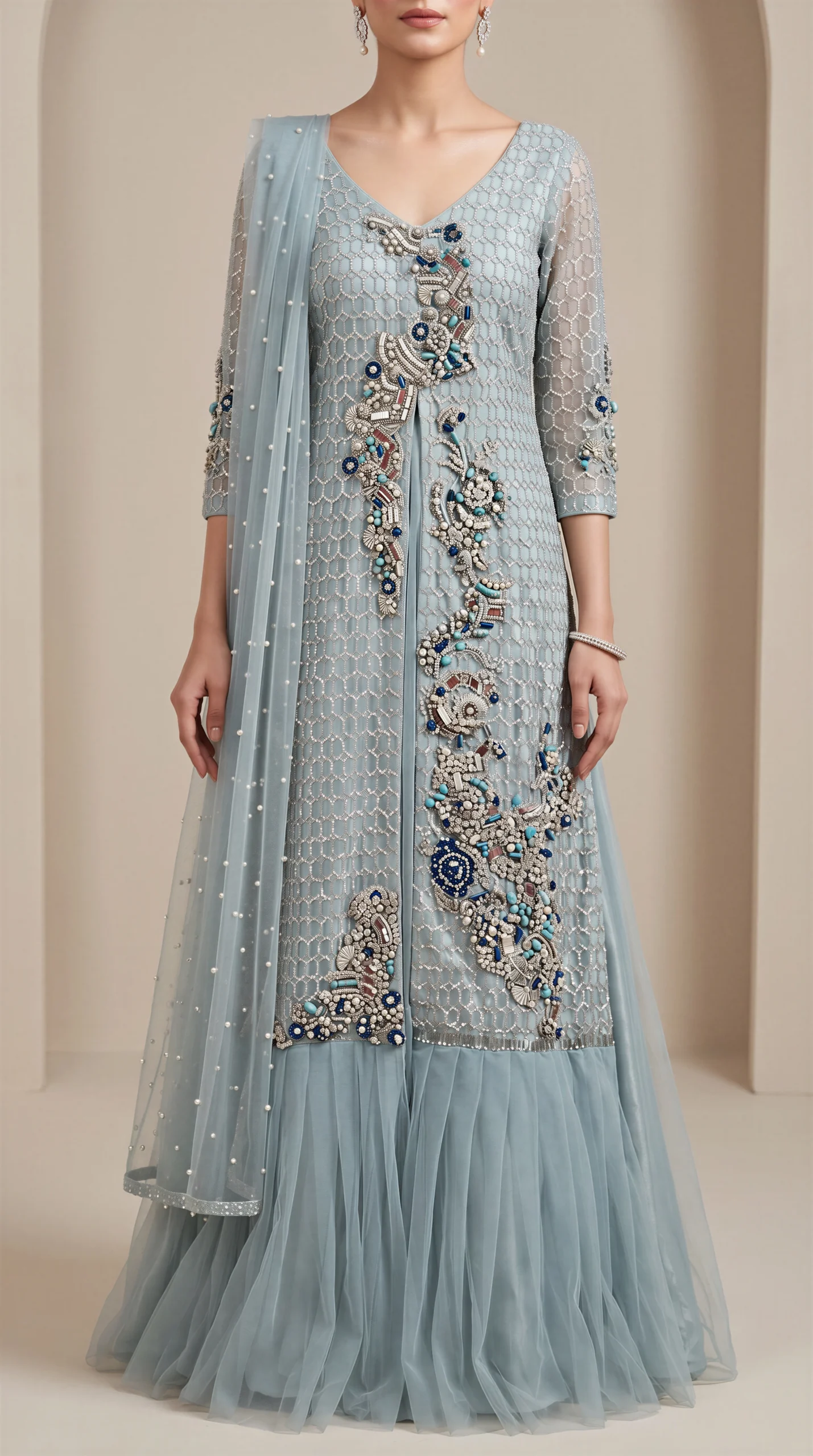 Icy Blue Embellished Long Shirt with Sharara and Pearl-Sprayed Dupatta