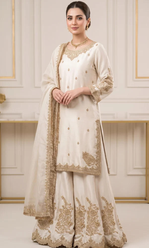 Off-White Embellished Straight Kurti with Sharara and Scalloped Dupatta