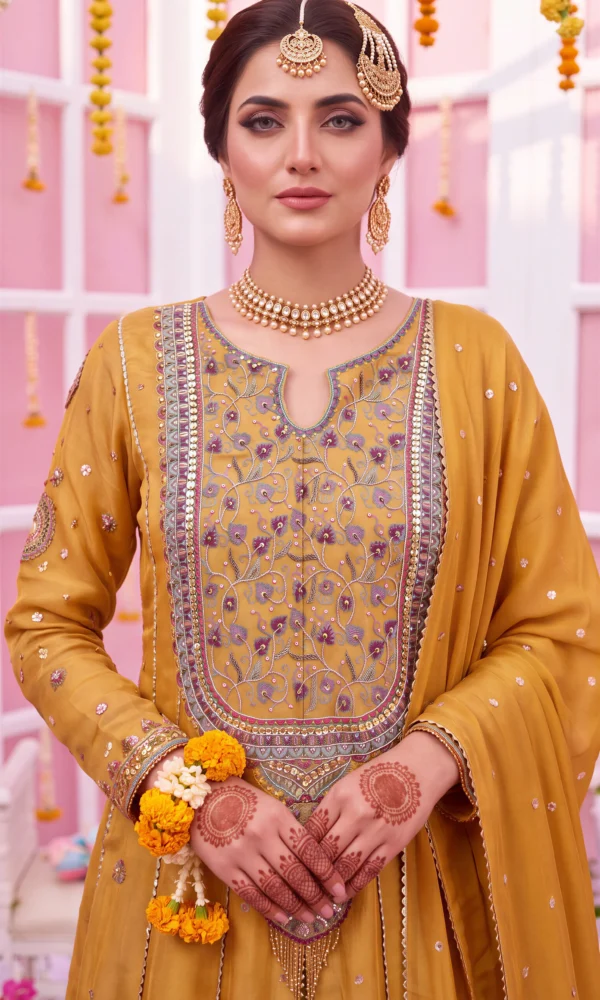 Mustard Yellow Embellished Long Shirt with Multicolored Threadwork and Dupatta