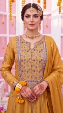 Mustard Yellow Embellished Long Shirt with Multicolored Threadwork and Dupatta