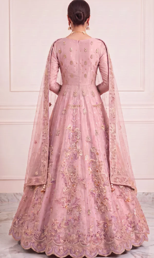 Dusty Pink Embellished Back-Detailed Pishwas with Scalloped Hem and Dupatta