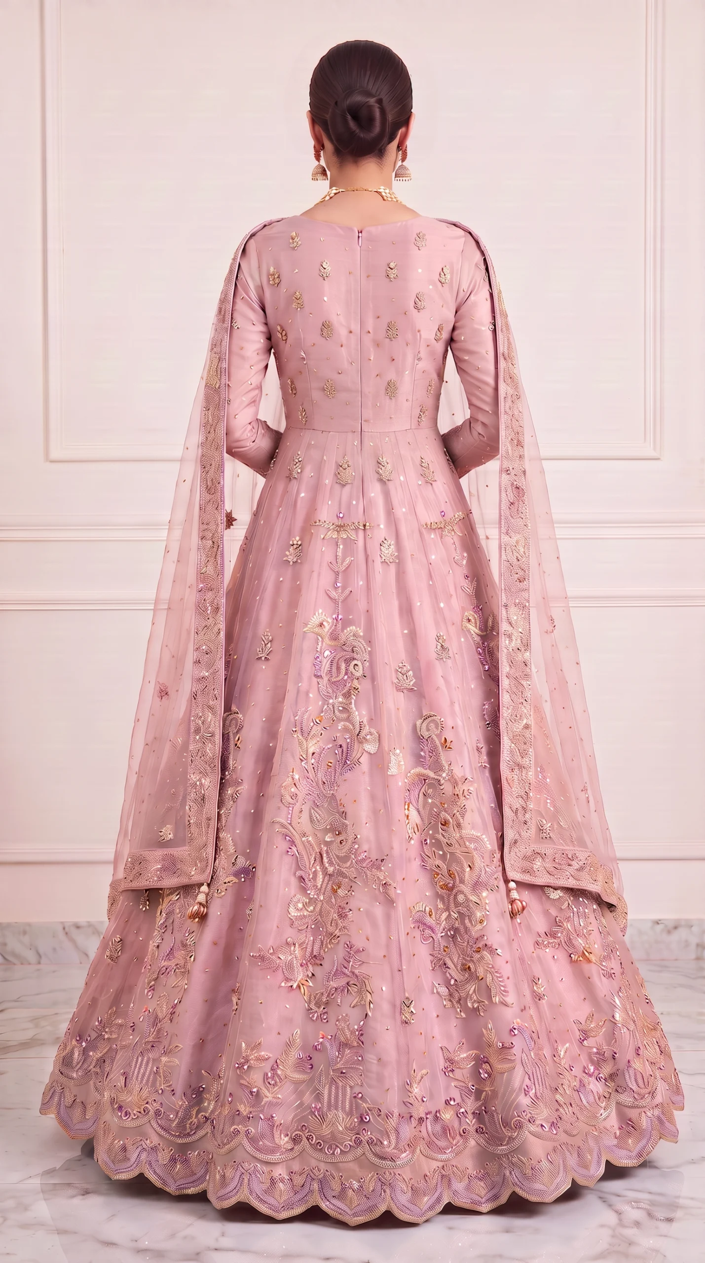 Dusty Pink Embellished Back-Detailed Pishwas with Scalloped Hem and Dupatta