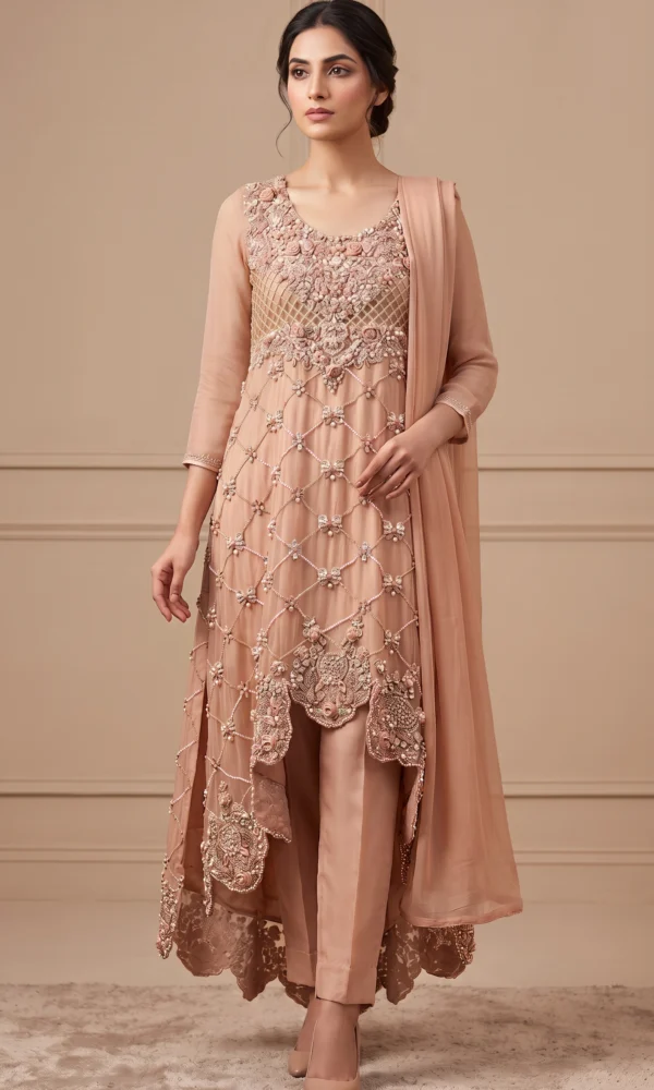 Peach Embellished High-Low Cut-Front Tunic with Trousers & Dupatta – Formal Wear
