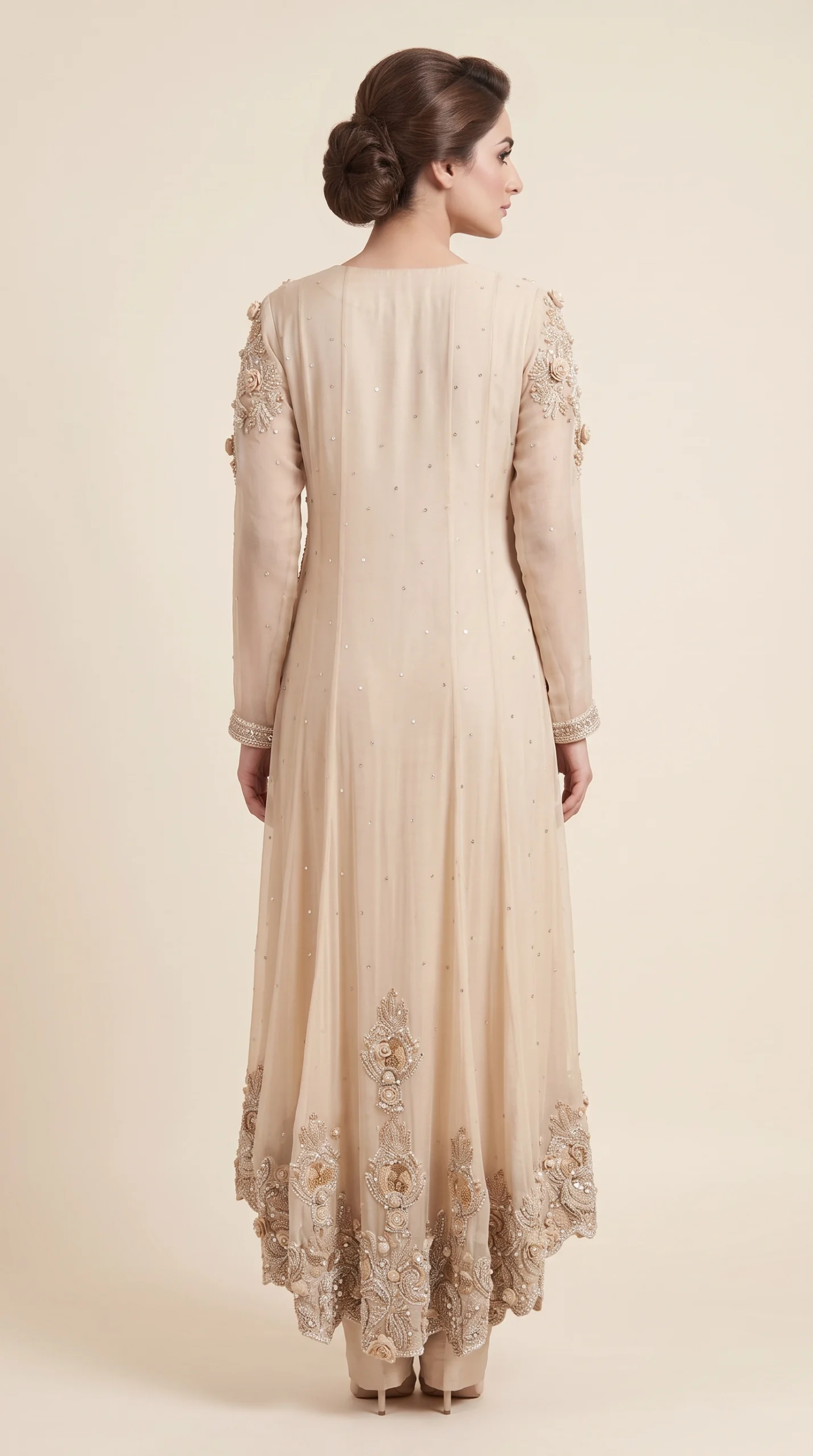 Champagne Beige Embroidered High-Low Front-Open Jacket Suit with Dupatta – Formal Wear - Image 2