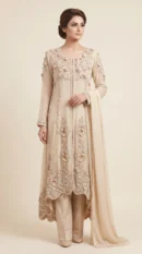 Champagne Beige Embroidered High-Low Front-Open Jacket Suit with Dupatta – Formal Wear