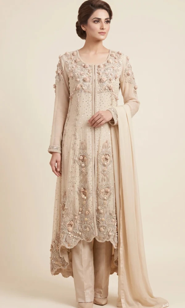 Champagne Beige Embroidered High-Low Front-Open Jacket Suit with Dupatta – Formal Wear