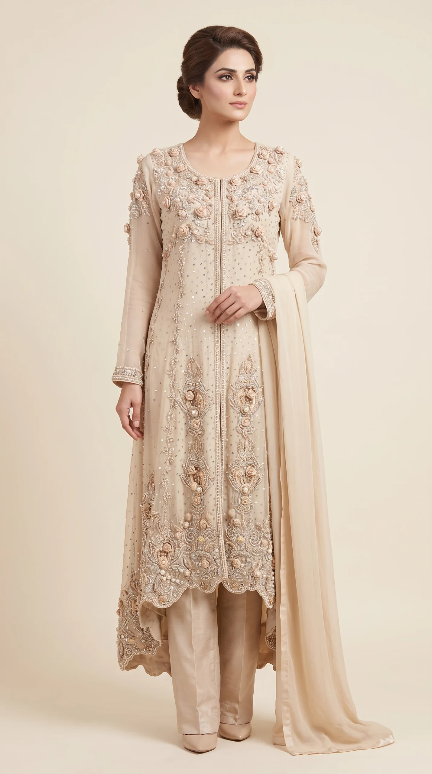 Champagne Beige Embroidered High-Low Front-Open Jacket Suit with Dupatta – Formal Wear