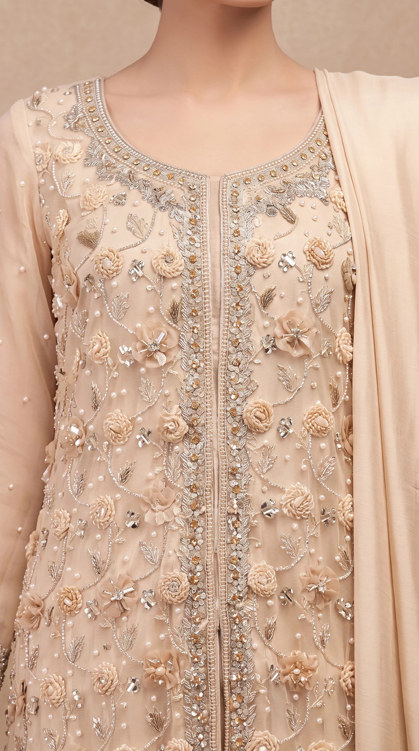 Champagne Nude 3D Rosette Embroidered Long Slit Suit with Dupatta – Formal Wear - Image 2