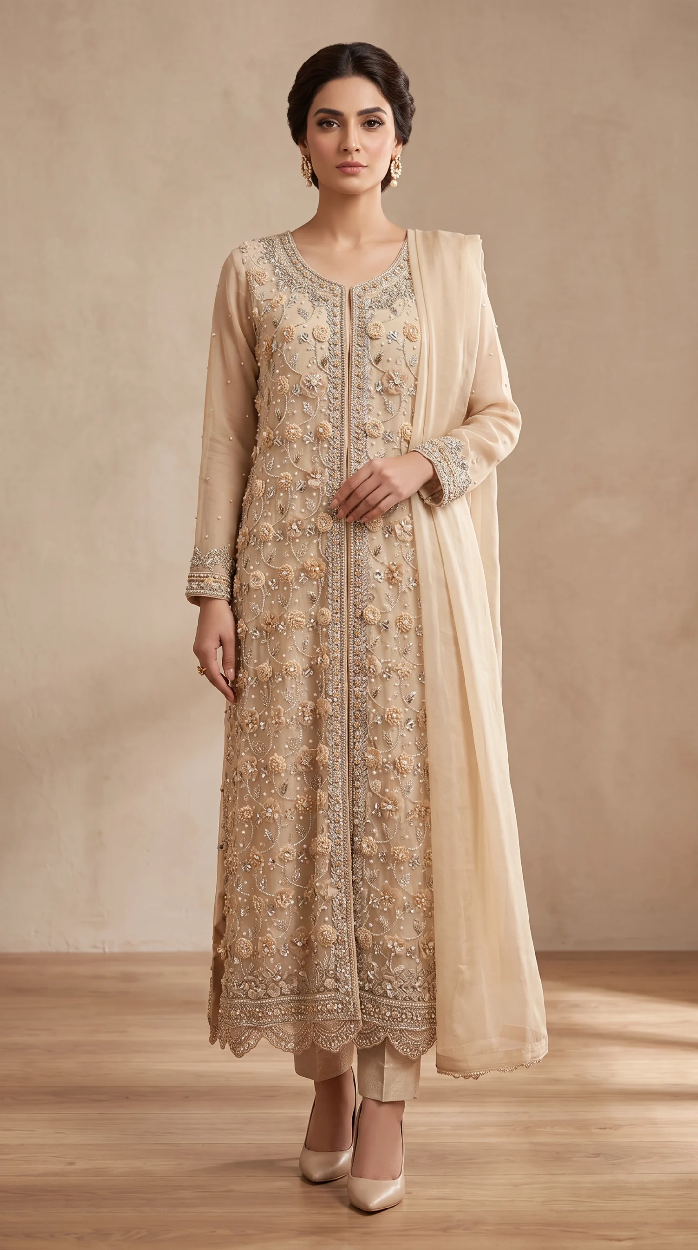Champagne Nude 3D Rosette Embroidered Long Slit Suit with Dupatta – Formal Wear - Image 3