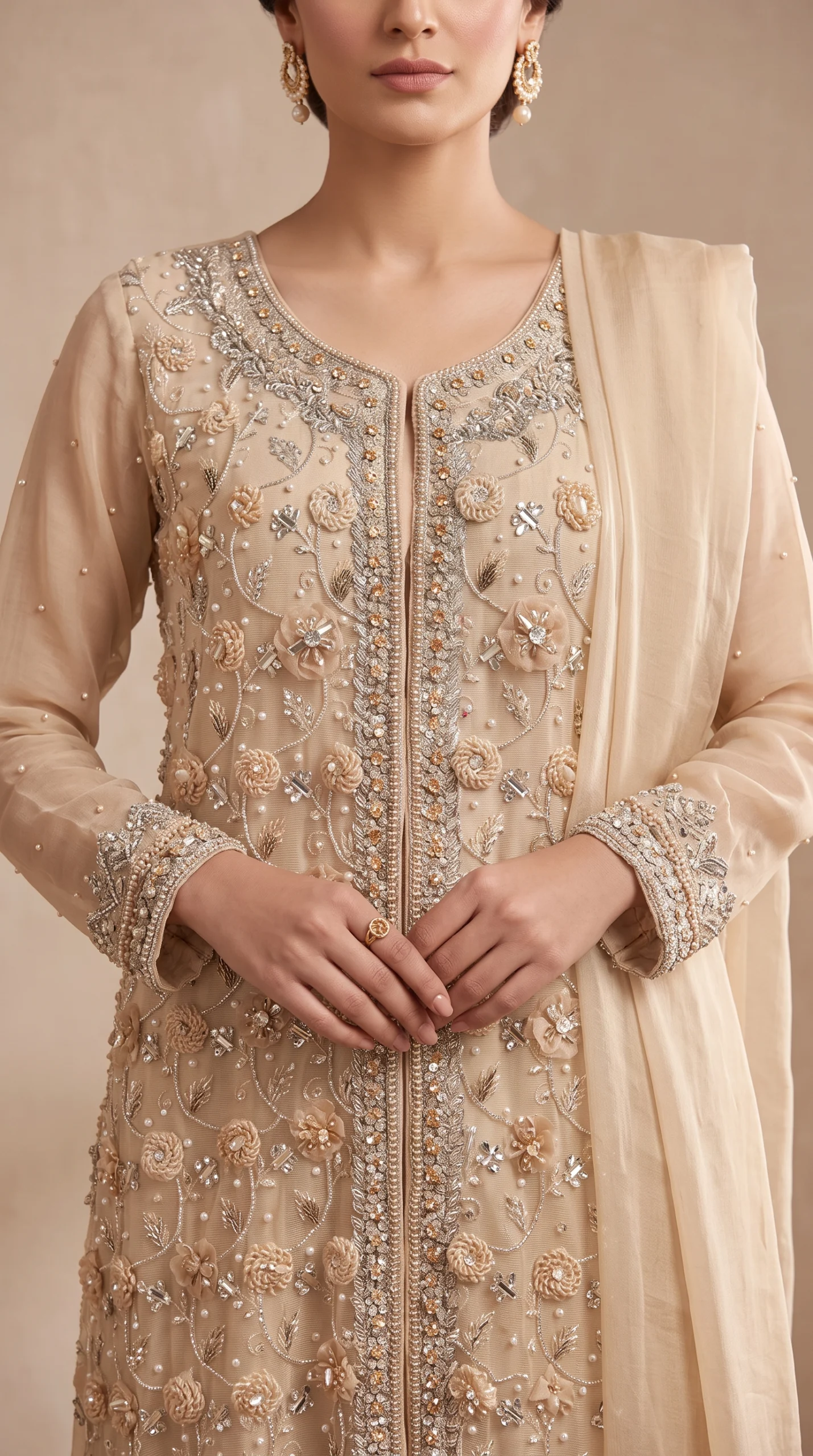 Champagne Nude 3D Rosette Embroidered Long Slit Suit with Dupatta – Formal Wear - Image 4
