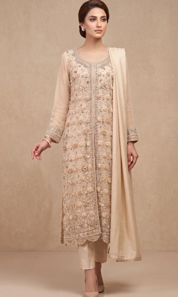 Champagne Nude 3D Rosette Embroidered Long Slit Suit with Dupatta – Formal Wear