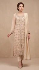 Champagne Nude 3D Rosette Embroidered Long Slit Suit with Dupatta – Formal Wear