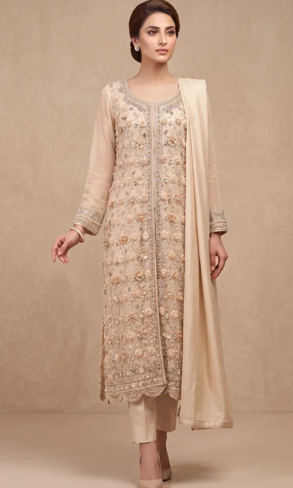 Champagne Nude 3D Rosette Embroidered Long Slit Suit with Dupatta – Formal Wear