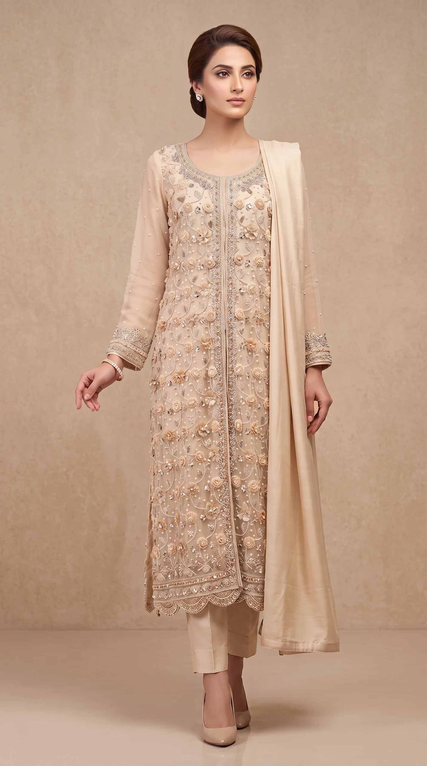 Champagne Nude 3D Rosette Embroidered Long Slit Suit with Dupatta – Formal Wear