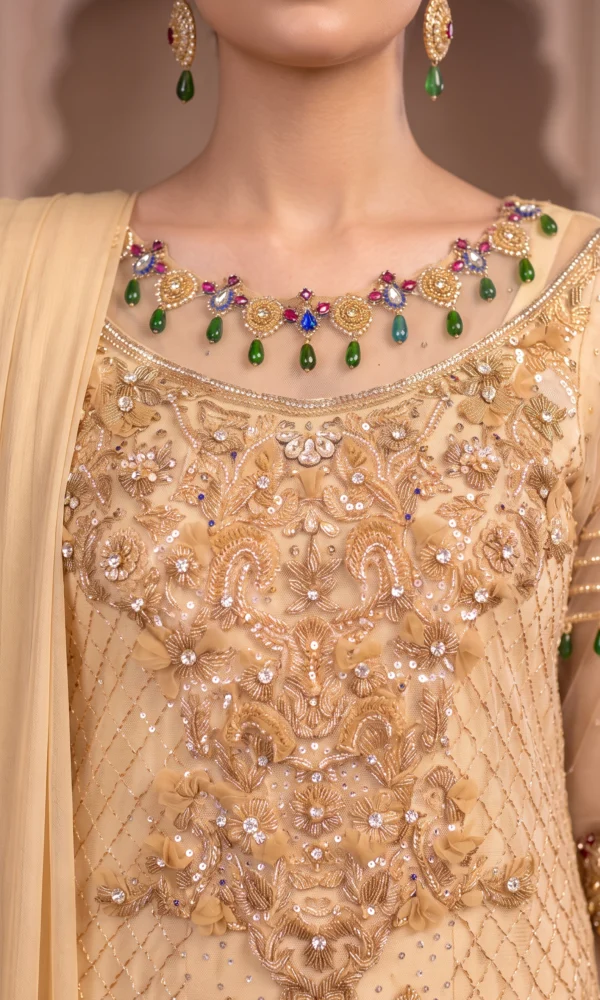 Champagne Gold Heavily Embroidered Straight Suit with Gemstone Neckline – Formal Wear