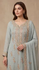 Sage Green Gold-Embroidered Straight Suit with Bordered Dupatta – Formal Wear