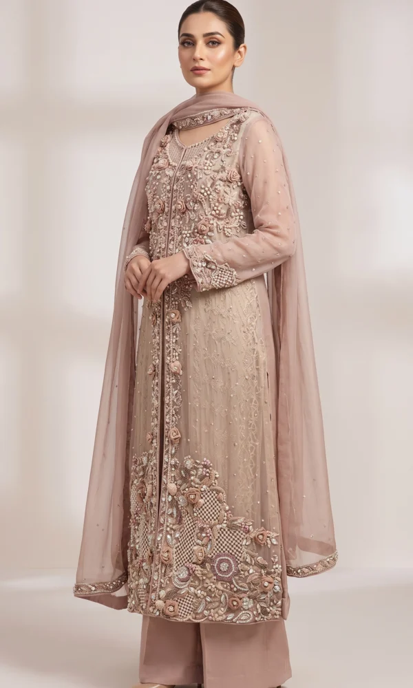 Mauve Embroidered Long Shirt with Palazzo & Dupatta – Formal Pakistani Wedding Wear