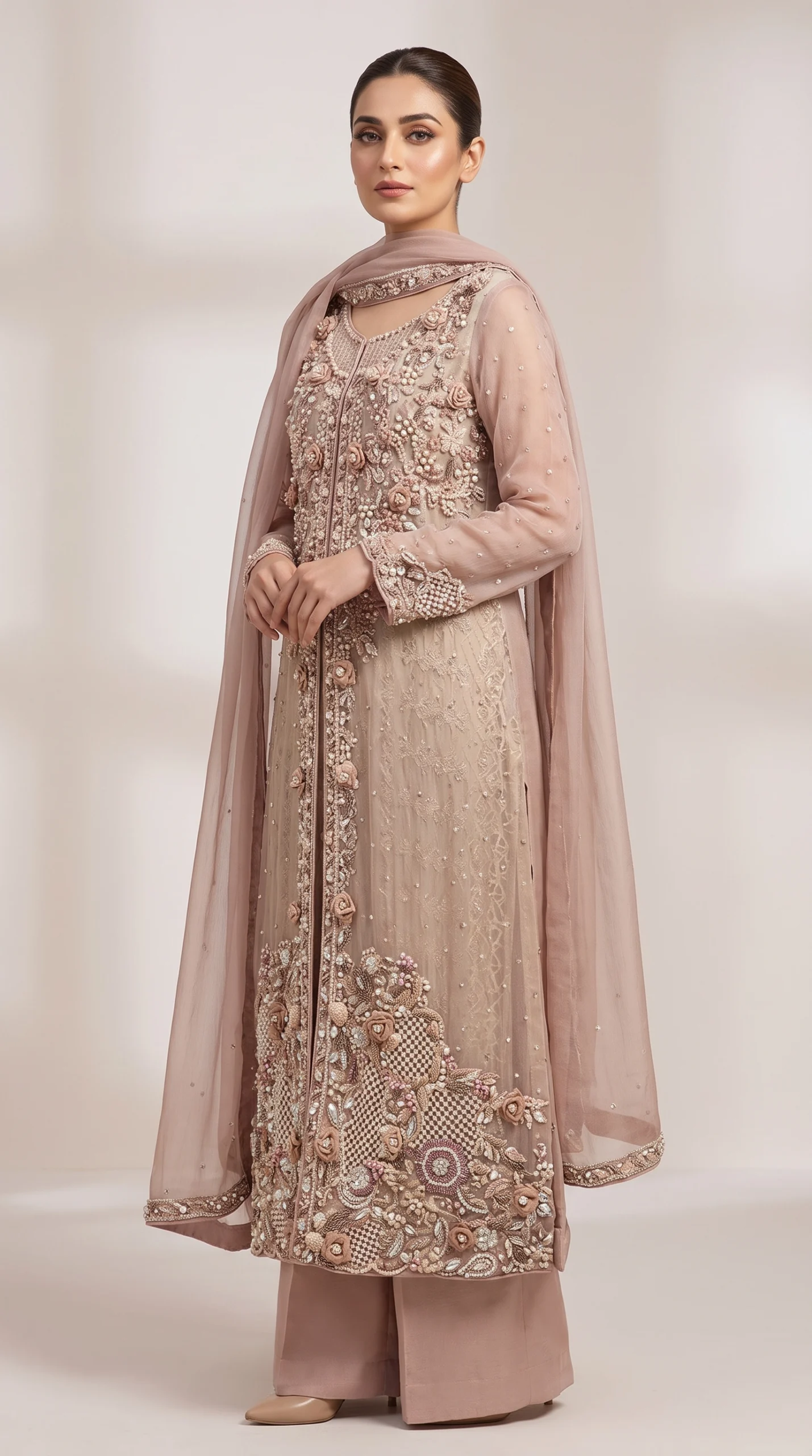 Mauve Embroidered Long Shirt with Palazzo & Dupatta – Formal Pakistani Wedding Wear