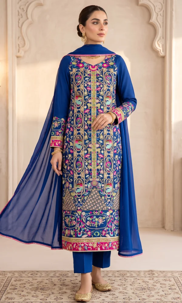 Royal Blue Embroidered Long Shirt with Trousers & Dupatta – Formal Festive Wear