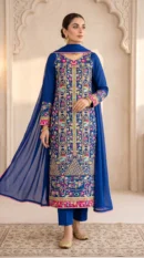 Royal Blue Embroidered Long Shirt with Trousers & Dupatta – Formal Festive Wear