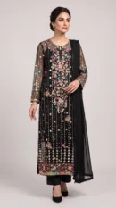 Black Embroidered Long Shirt with Trousers & Dupatta – Formal Festive Wear