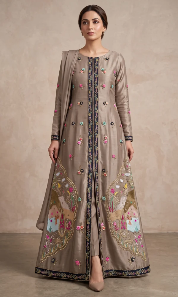 Taupe Embroidered Long Open-Front Shirt with Trousers & Dupatta – Formal Festive Wear