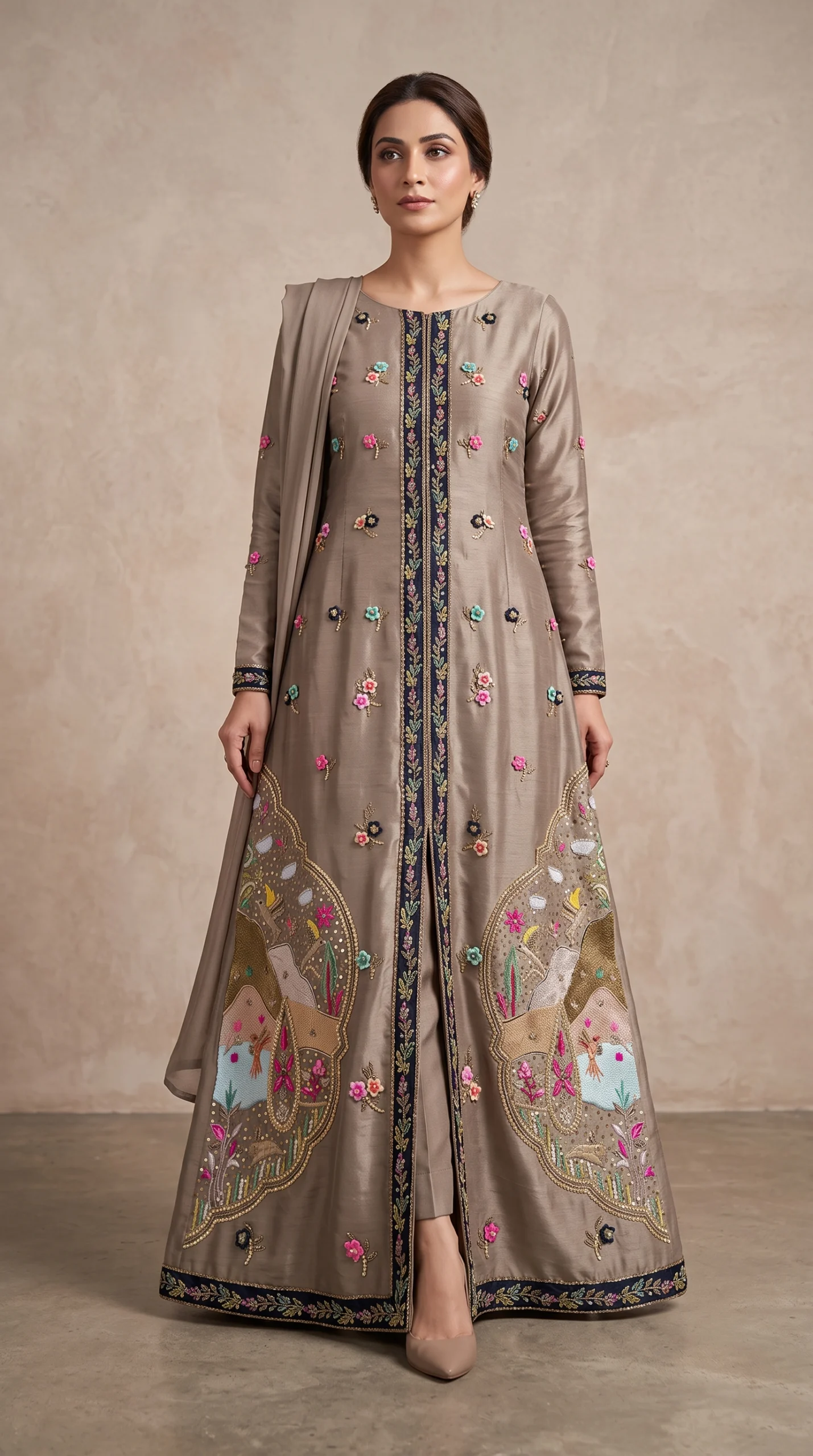 Taupe Embroidered Long Open-Front Shirt with Trousers & Dupatta – Formal Festive Wear