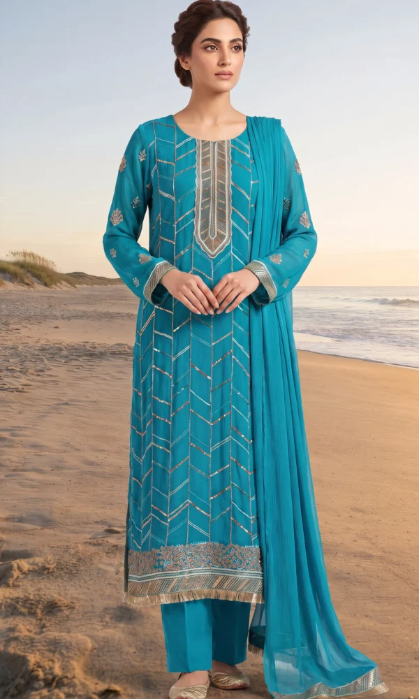 Turquoise Chevron Embroidered Long Shirt with Trousers & Dupatta – Formal Festive Wear
