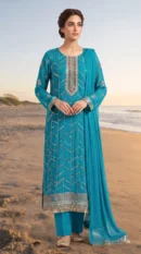 Turquoise Chevron Embroidered Long Shirt with Trousers & Dupatta – Formal Festive Wear