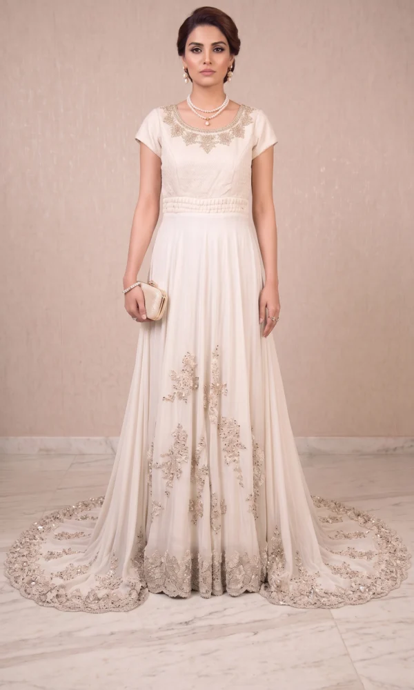 Ivory Embroidered Maxi Gown with Train – Formal Wedding & Reception Wear