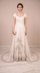 Ivory Embroidered Maxi Gown with Train – Formal Wedding & Reception Wear