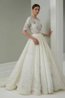 Ivory Embroidered Crop Top with Textured Lehenga Skirt – Formal Bridal & Reception Wear