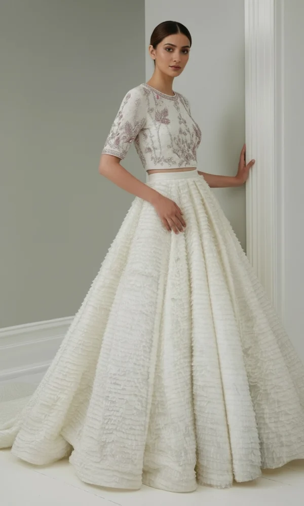 Ivory Embroidered Crop Top with Textured Lehenga Skirt – Formal Bridal & Reception Wear
