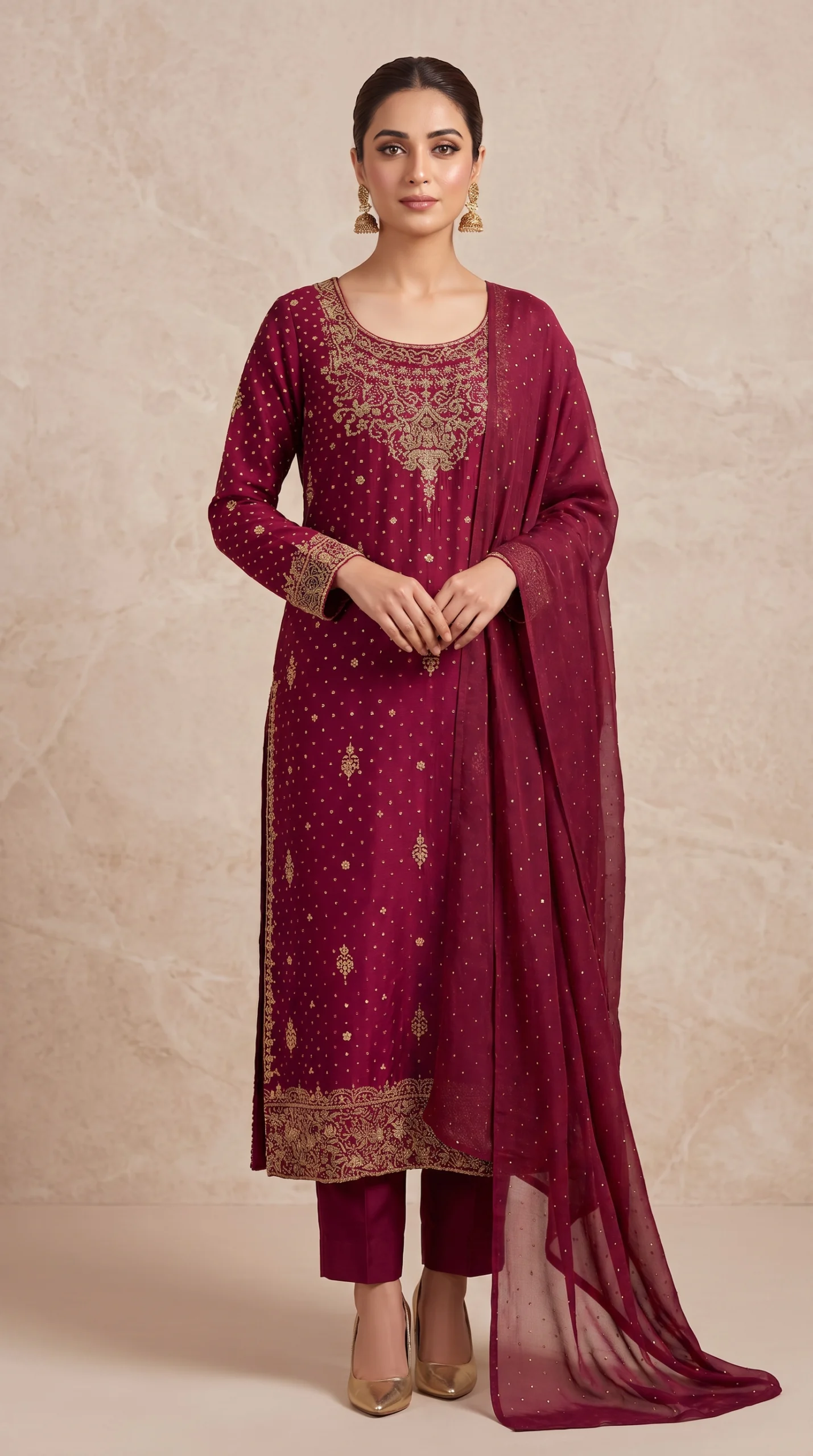 Maroon Gold-Embroidered Long Shirt with Trousers & Dupatta – Formal Festive Wear