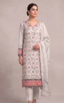 Light Grey Embroidered Long Shirt with Trousers & Dupatta – Formal Festive Wear