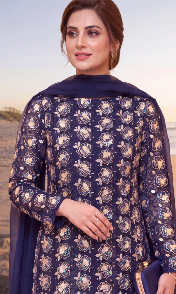 Navy Blue Sequin-Embroidered Long Shirt with Dupatta – Formal Evening & Festive Wear