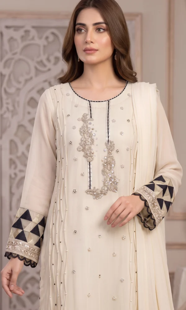 Off-White Embroidered Long Shirt with Contrast Cuffs & Dupatta – Formal Festive Wear