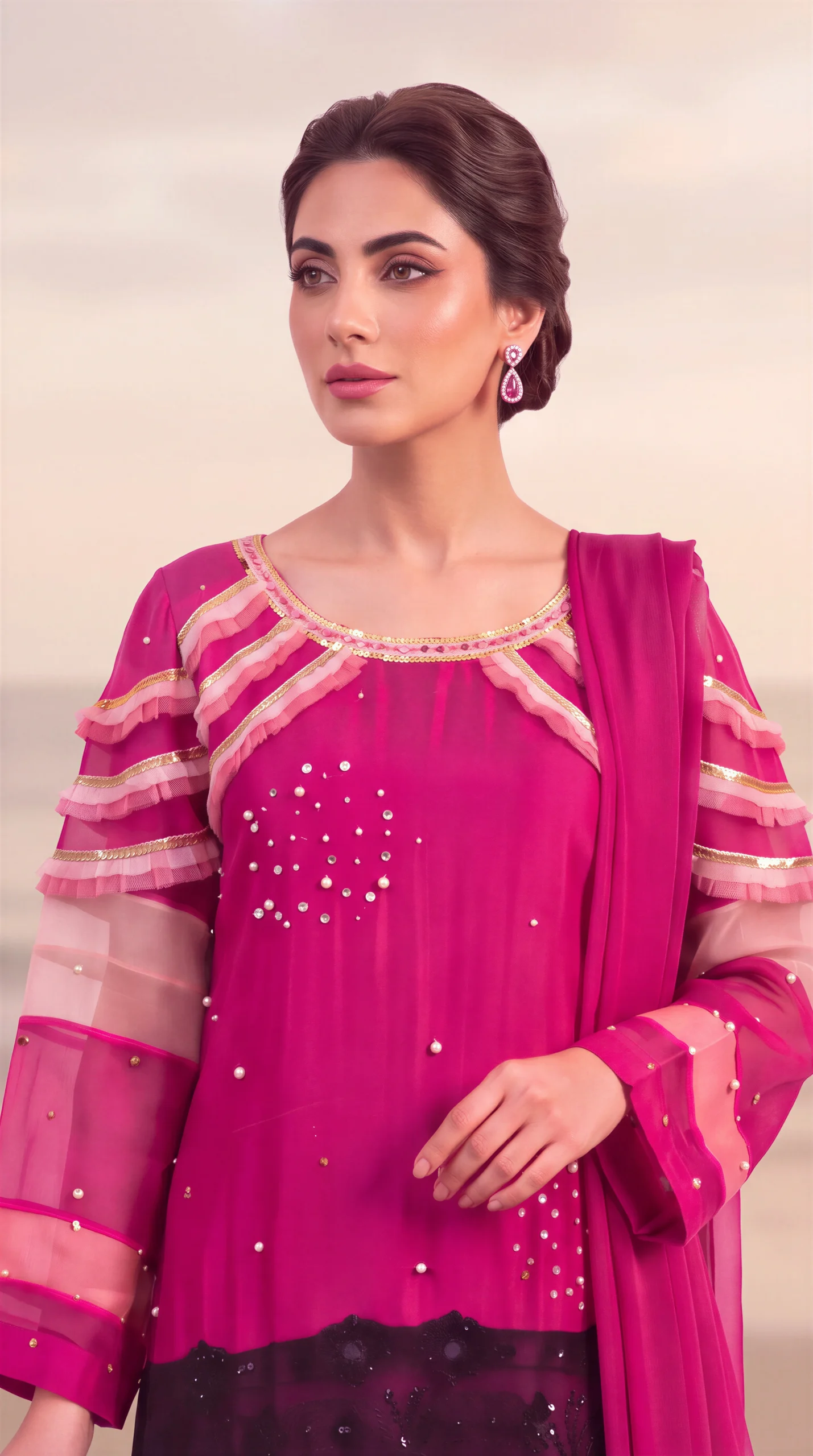 Magenta Pink Ruffled Sleeve Long Shirt with Dupatta – Formal Festive Wear