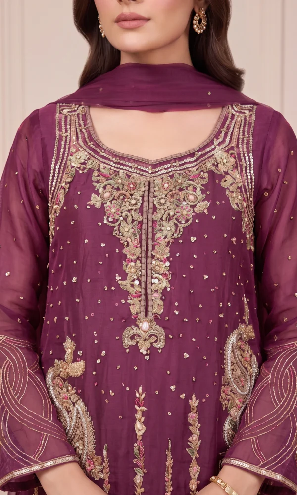 Plum Gold-Embroidered Long Shirt with Dupatta – Formal Festive Wear