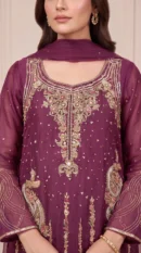 Plum Gold-Embroidered Long Shirt with Dupatta – Formal Festive Wear