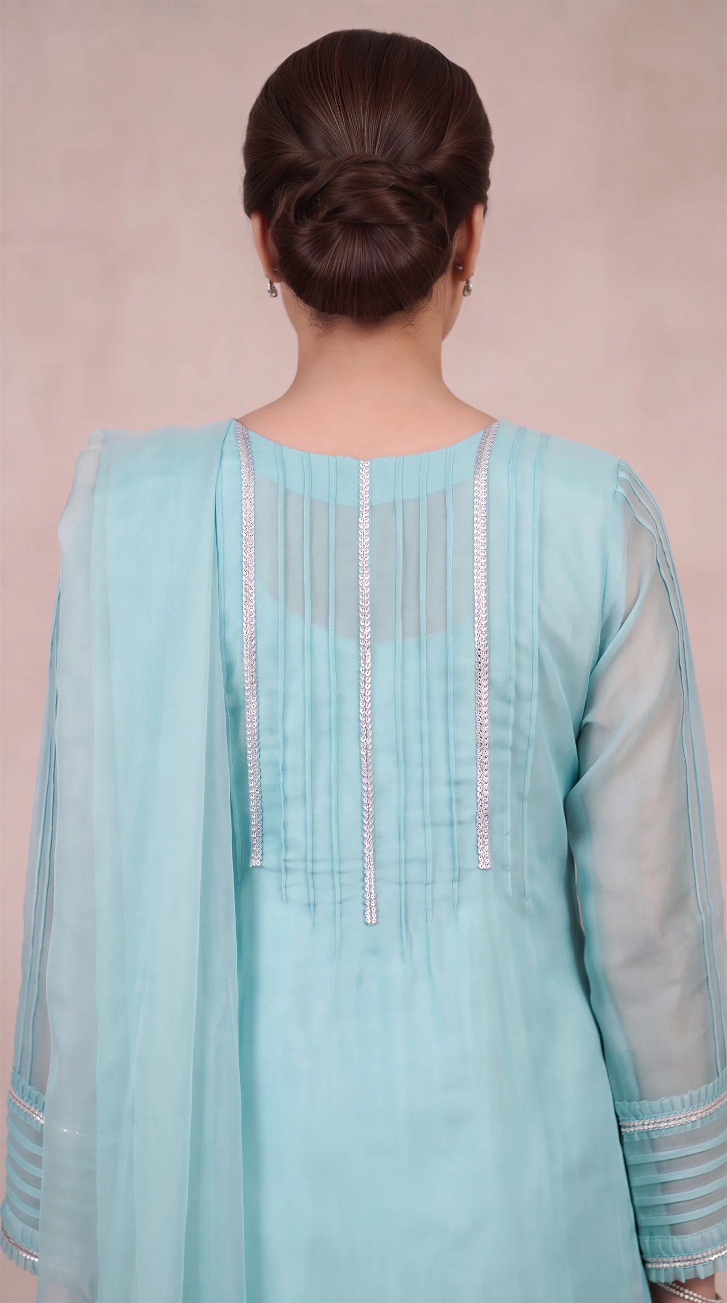 Mint Blue Embellished Long Shirt with Dupatta – Formal Festive Wear - Image 2