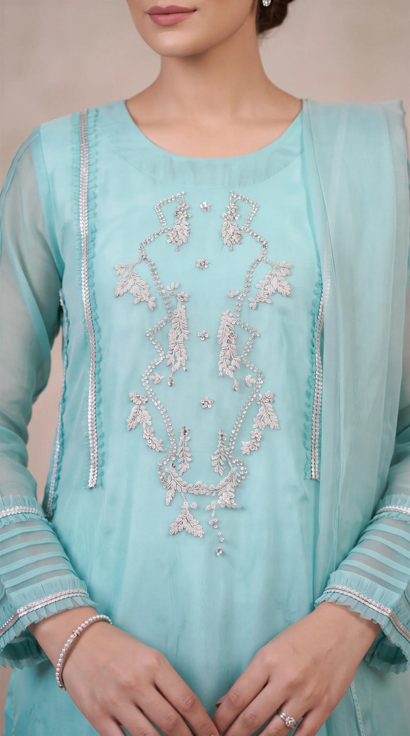 Mint Blue Embellished Long Shirt with Dupatta – Formal Festive Wear