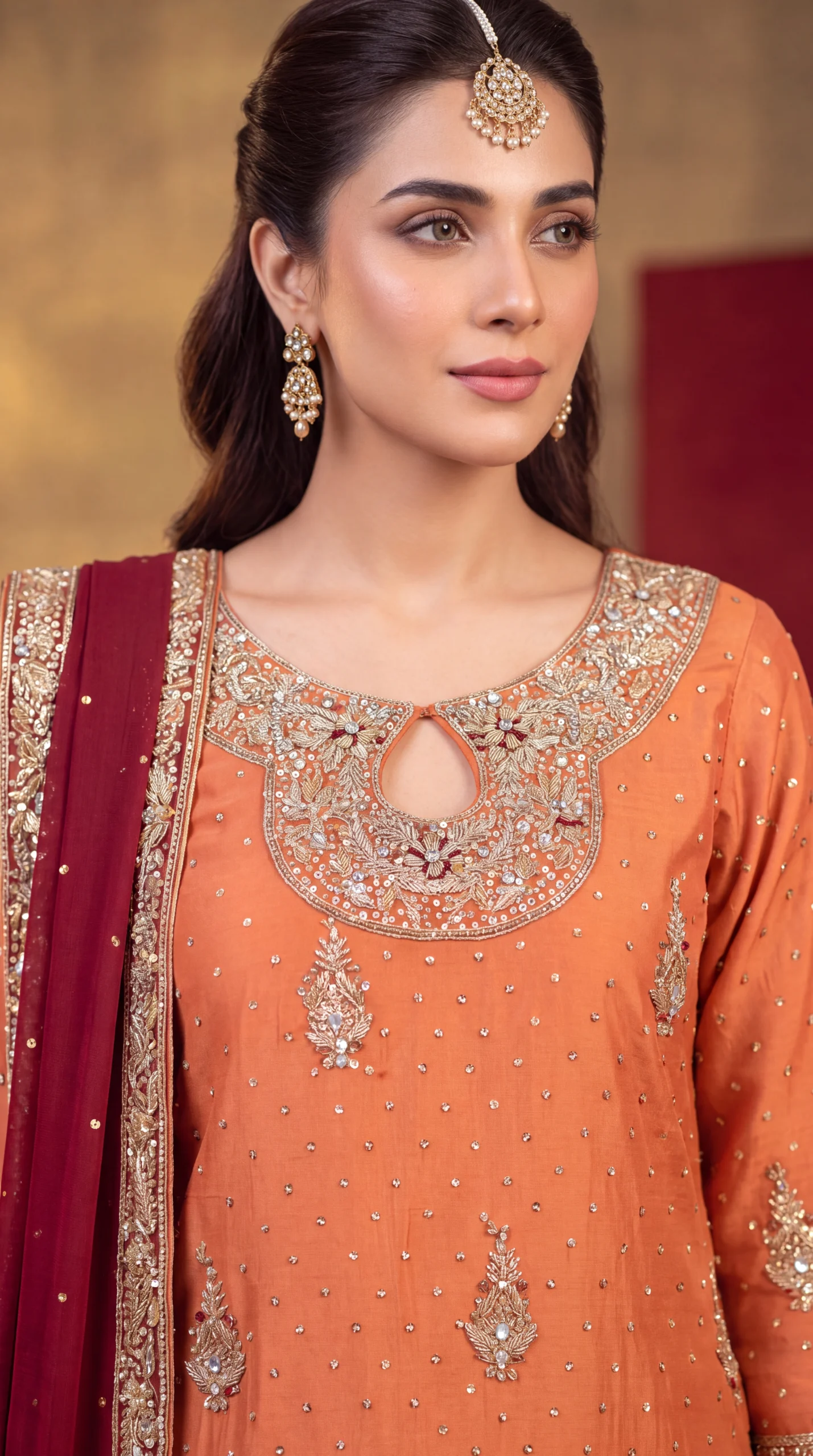Burnt Orange Gold-Embroidered Long Shirt with Maroon Dupatta – Formal Festive Wear - Image 2