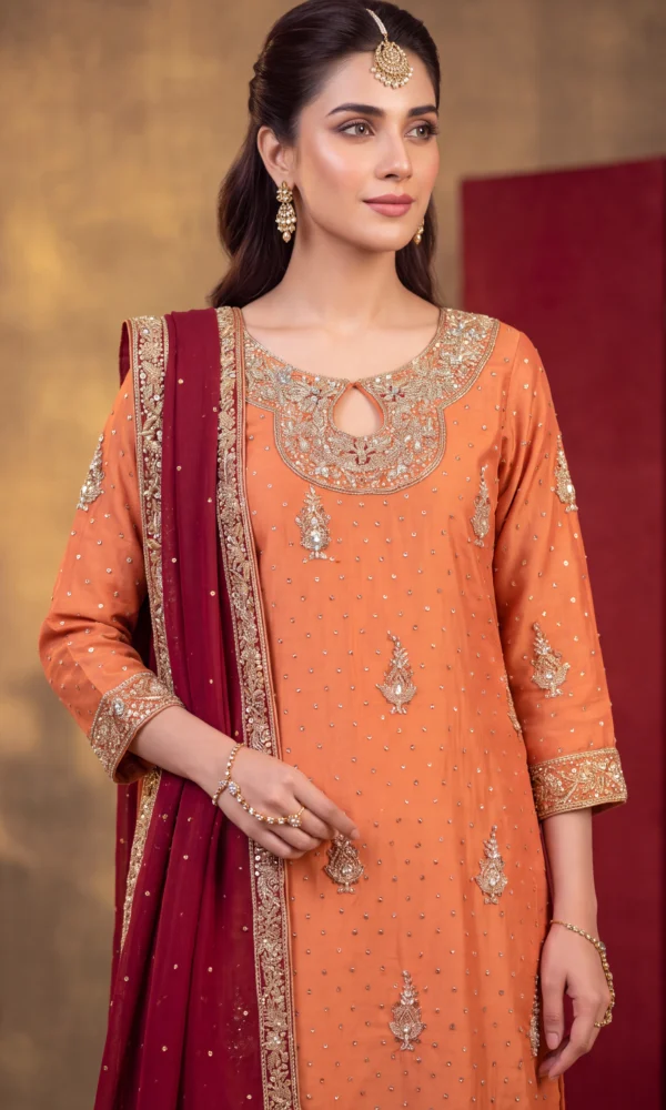 Burnt Orange Gold-Embroidered Long Shirt with Maroon Dupatta – Formal Festive Wear