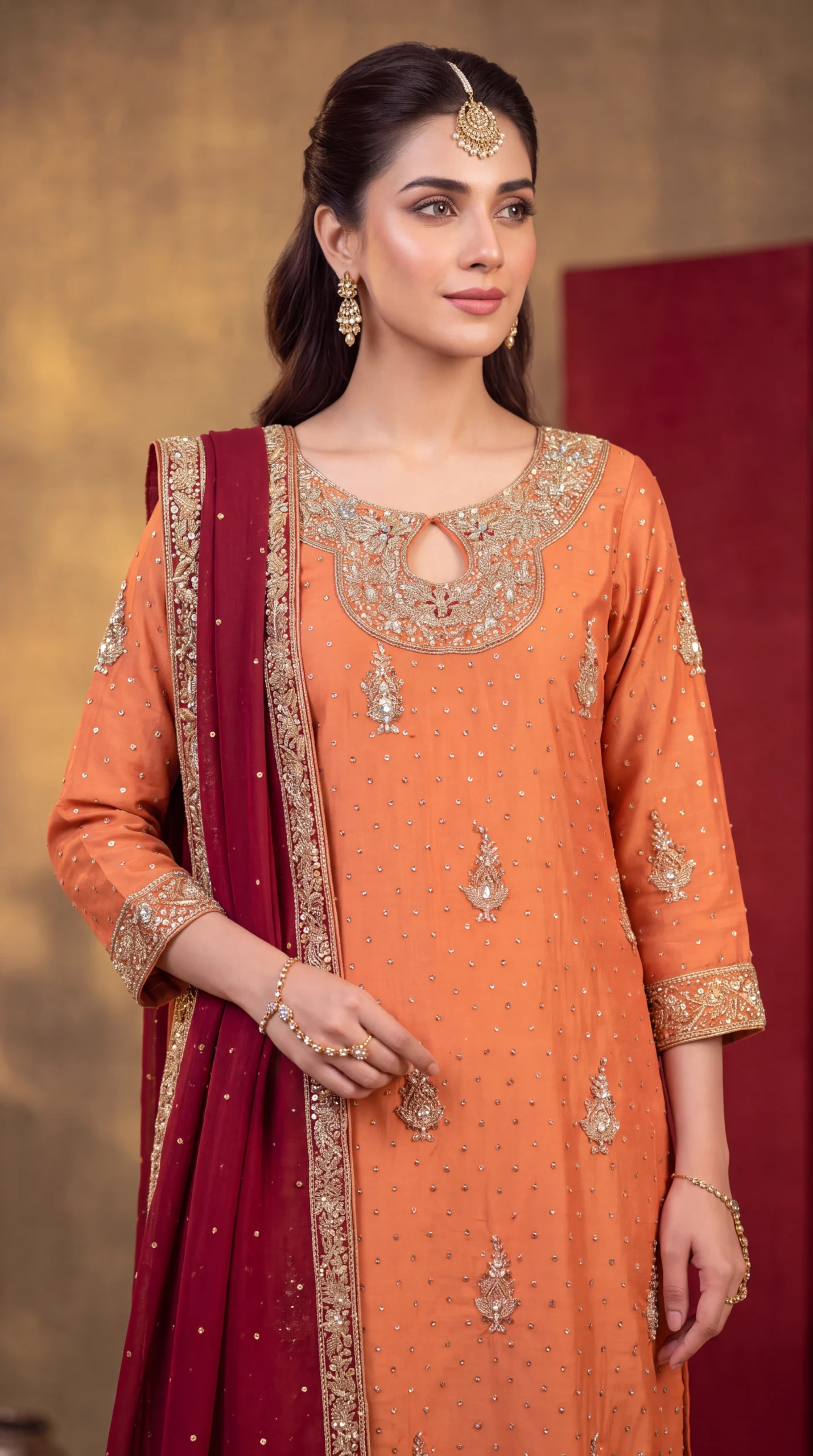 Burnt Orange Gold-Embroidered Long Shirt with Maroon Dupatta – Formal Festive Wear
