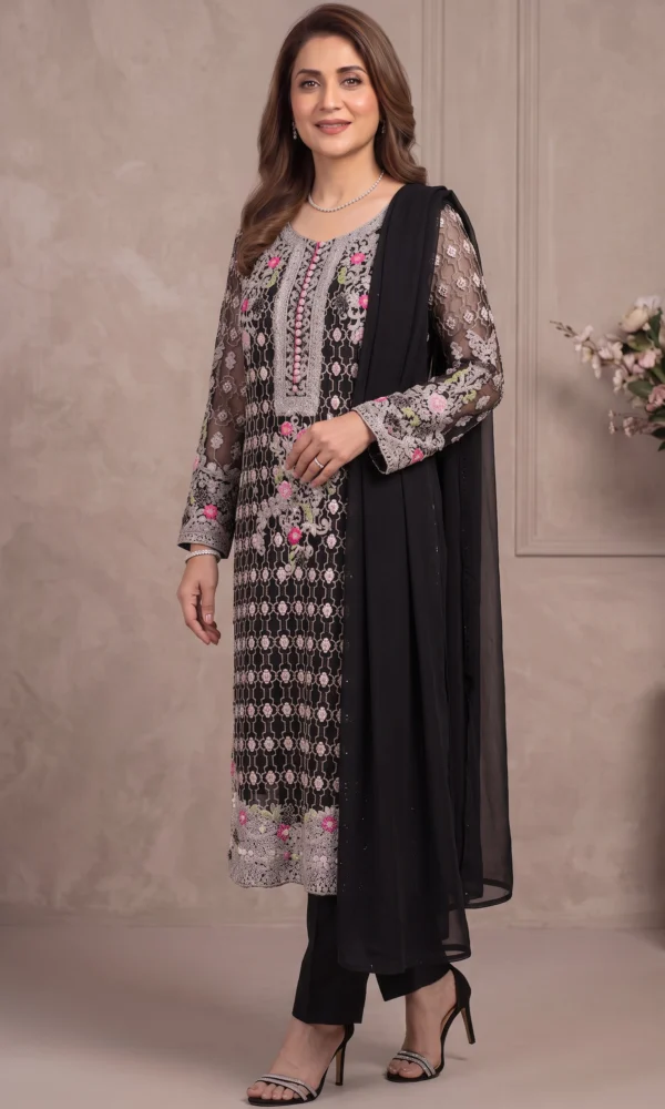 Black Geometric Embroidered Long Shirt with Trousers & Dupatta – Formal Festive Wear