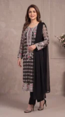 Black Geometric Embroidered Long Shirt with Trousers & Dupatta – Formal Festive Wear