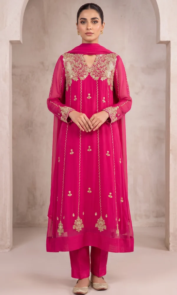 Fuchsia Pink Gold-Embroidered Long Shirt with Trousers & Dupatta – Formal Festive Wear