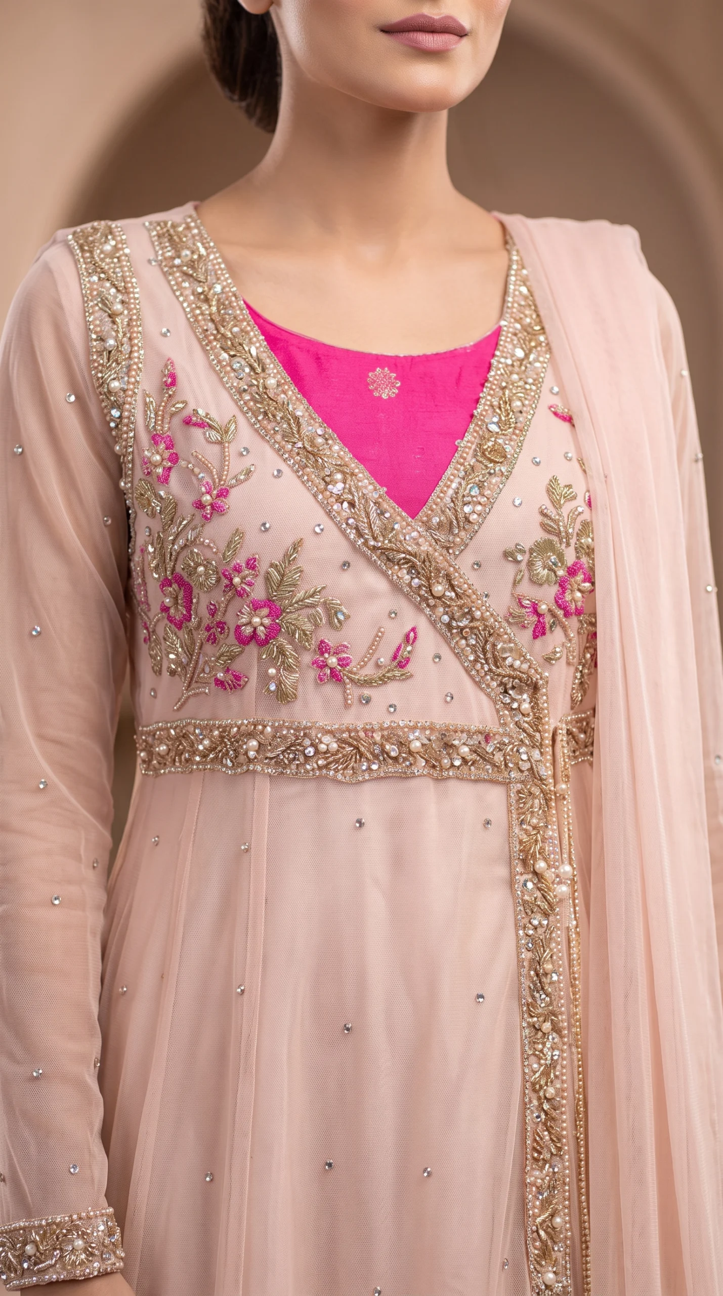 Blush Pink Angrakha Style Maxi Gown with Dupatta – Formal Wedding & Reception Wear - Image 2