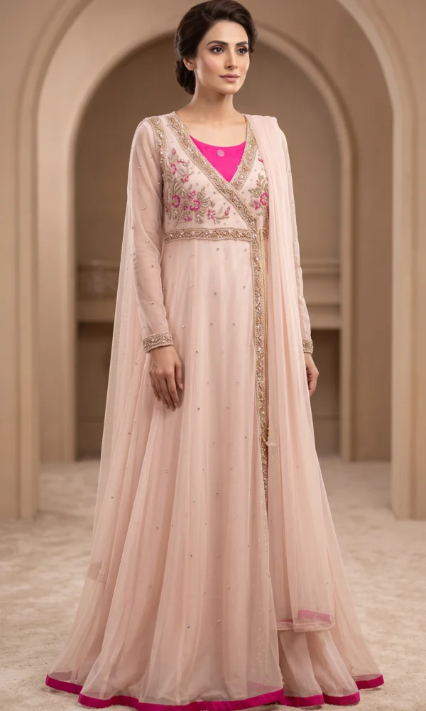 Blush Pink Angrakha Style Maxi Gown with Dupatta – Formal Wedding & Reception Wear